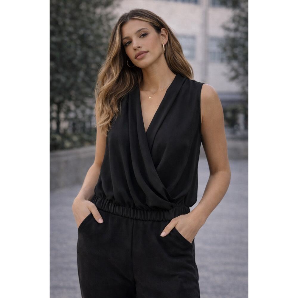 Nella Fantasia Black Sleeveless Wrap Blouse Elastic Hem Size M